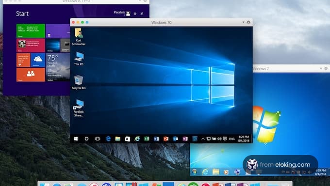 A screenshot displaying multiple Windows operating systems running on a Mac.