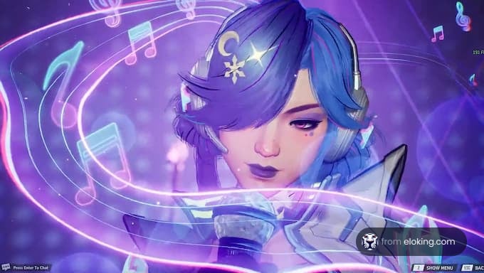 A character with blue hair surrounded by musical notes.