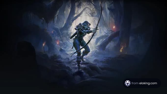 A mysterious adventurer navigating through a dark forest with a bow.