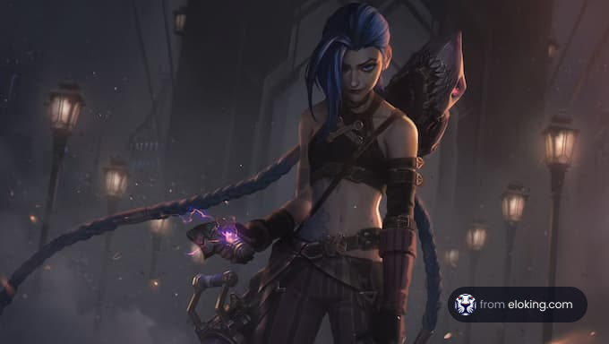 Blue-haired warrior wielding a magical staff in a foggy cityscape