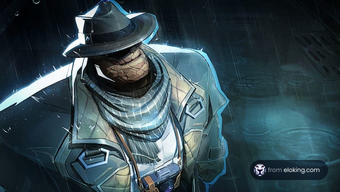 A mysterious character dressed in a trench coat and hat stands in the rain.