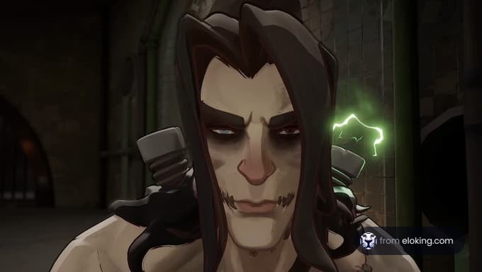 A mysterious character with long hair in a dark setting