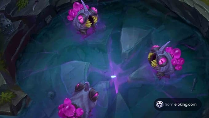 Mysterious creatures with pink accents in a dark cave