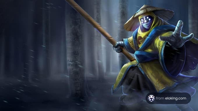 Mysterious figure in blue hat wielding a staff in a foggy forest