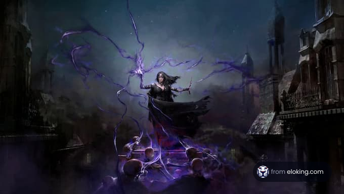 A mysterious witch casting spells in a dark night setting.