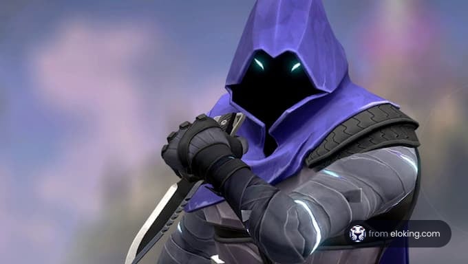 Mysterious warrior in purple cloak holding a sword