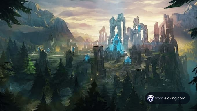Mystical ancient city landscape with magical elements and mountains in the background
