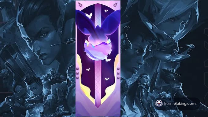 A mystical bat illuminated in purple light, surrounded by stylized fantasy characters