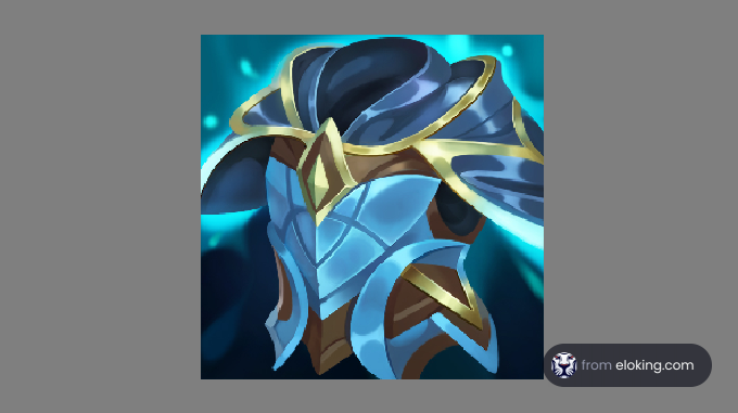 Mystical blue armor with golden accents on a shimmering background