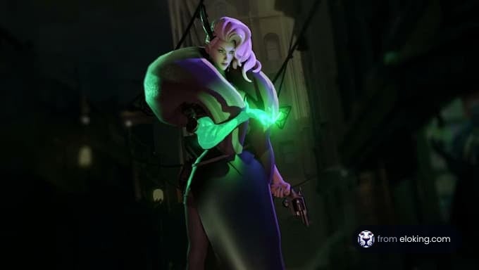 A mystical character with green energy in a dark alley
