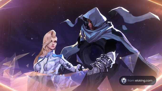 A mystical character duo in a cosmic backdrop.