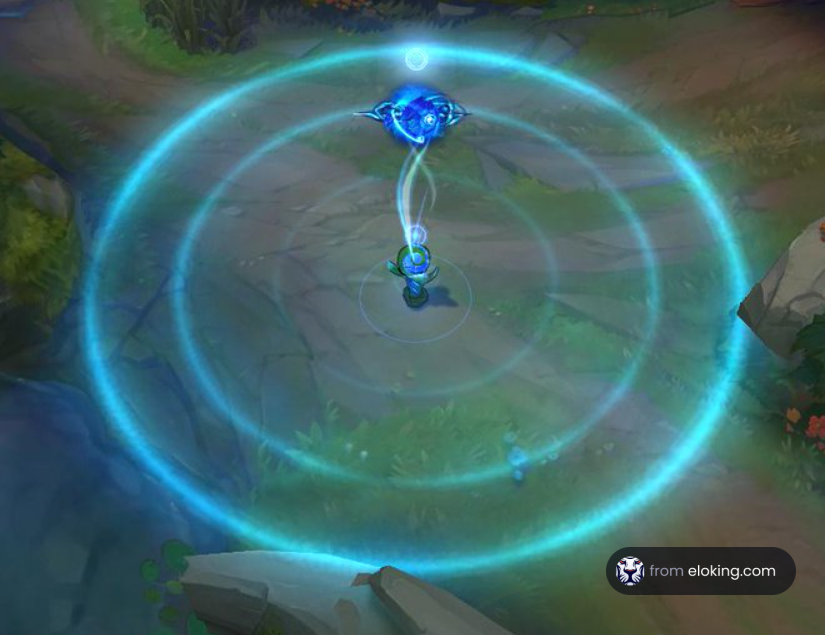 Mystical blue energy orb over a magical staff in a forest setting