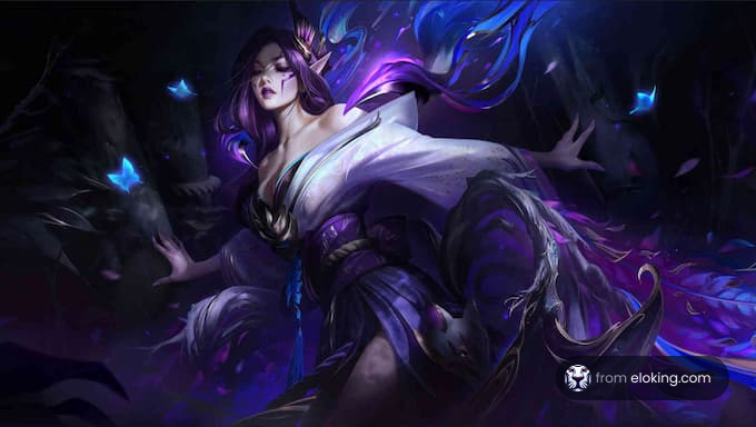 Mistyczny portret fantasy z kobietą o falujących włosach otoczoną motylami.