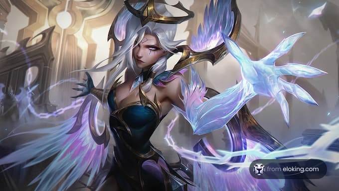 Mystical female warrior with white hair and glowing blue birds