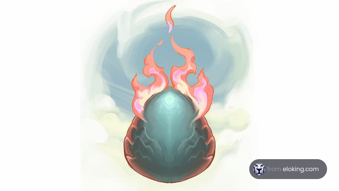 Mystical egg engulfed in colorful flames with a nebulous backdrop
