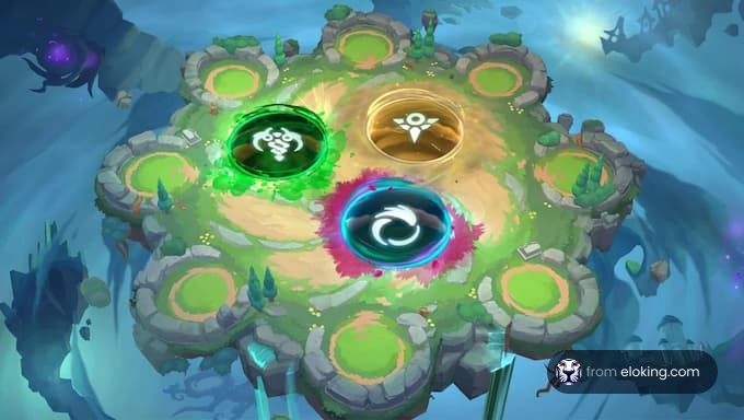 Mystical floating island with colorful portals in a fantasy game