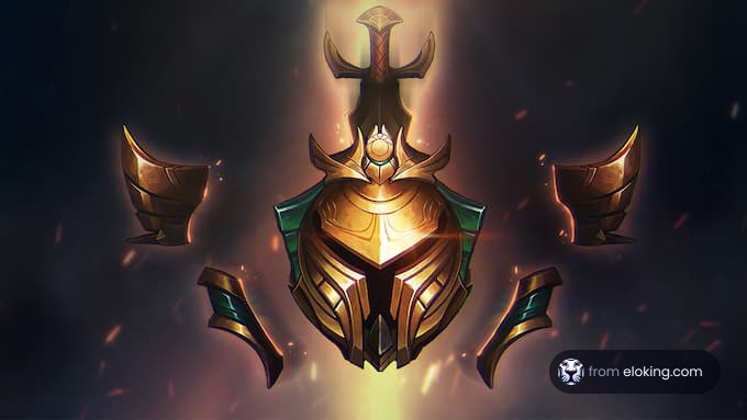 Illustration of a glowing golden armor with mystic design and embers