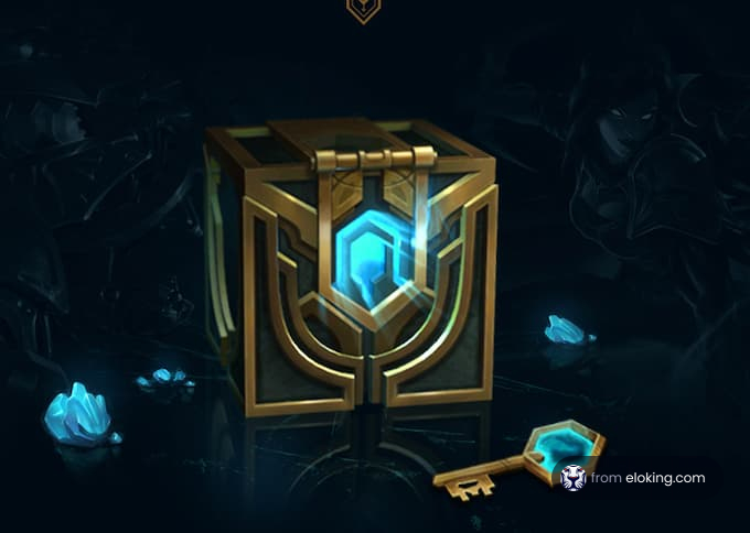 A mystical golden chest with a key and glowing blue gems