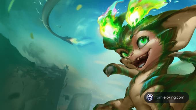 Mischievous green fantasy creature casting colorful spells in a magical setting