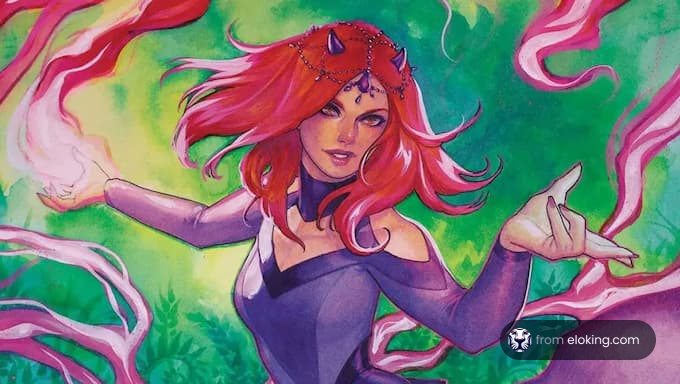 A mystical heroine with flowing red hair and magical powers.