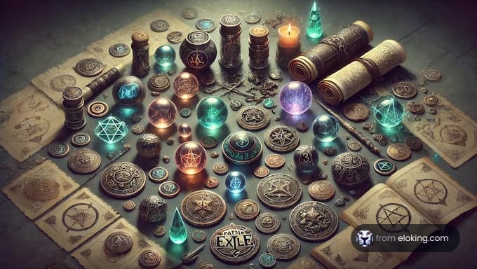 A collection of mystical items including orbs, candles, and scrolls.