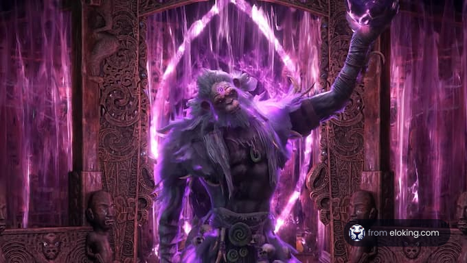 A mystical guardian standing before a glowing portal.