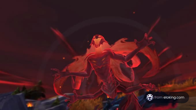 A mystical red entity with multiple arms in a fantasy game scene.