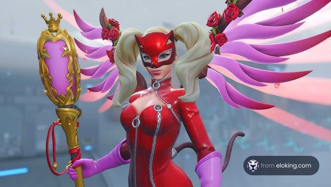 A mystical hero character in a vibrant outfit with wings and a scepter.