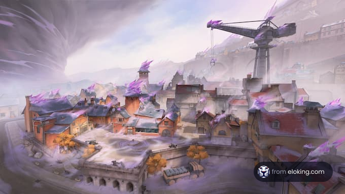 A mystical village landscape with a crane and stormy skies
