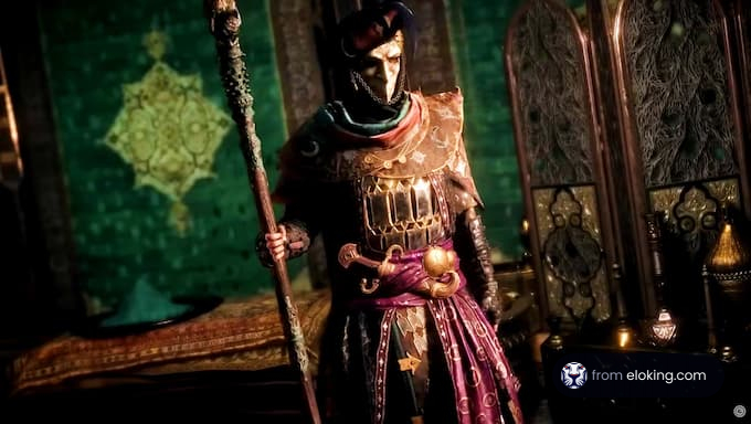 Un guerrier mystique en armure dor&eacute;e se tenant dans une pi&egrave;ce richement d&eacute;cor&eacute;e.