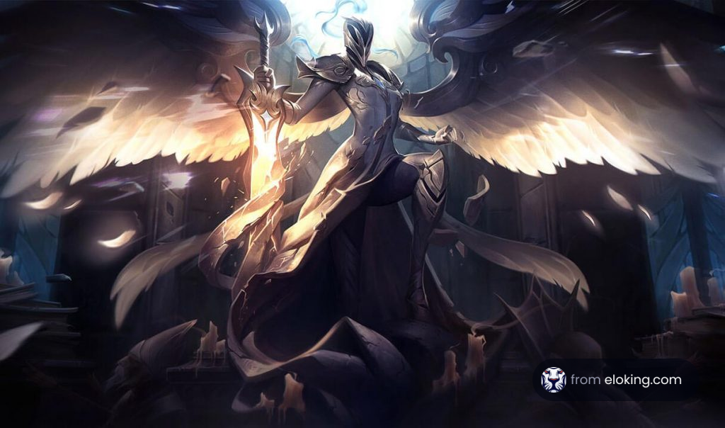 Mystical winged warrior holding a spear in a dark fantasy setting