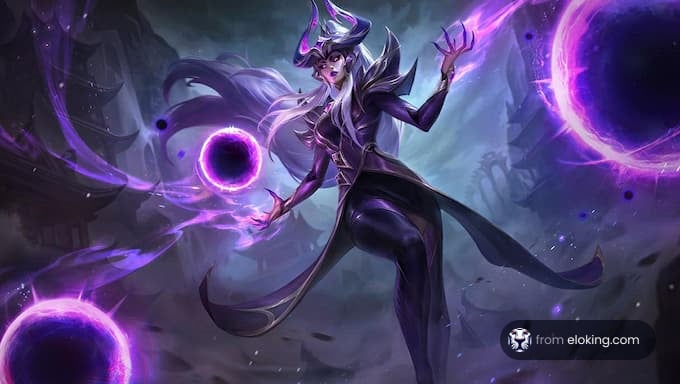 Mystical witch casting spells surrounded by purple orbs in fantasy artwork