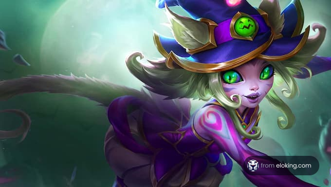 Fantasy witch character with green eyes and a purple hat in a mystical setting