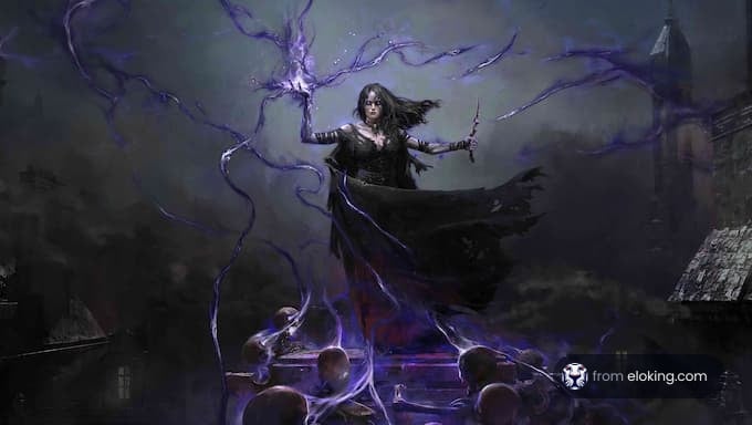 A mystical witch casting lightning spells