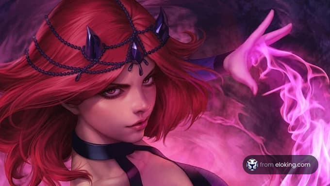 A mystical female character with red hair performing magic.