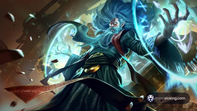 A mystical wizard conjuring blue energy in a fantasy setting