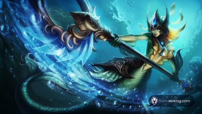 A mythical mermaid warrior with a trident, swirling underwater.