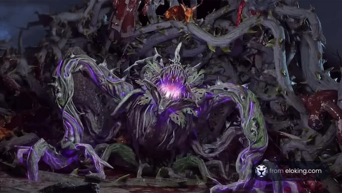 A mythical monster with a glowing purple core surrounded by twisted plant-like tendrils.