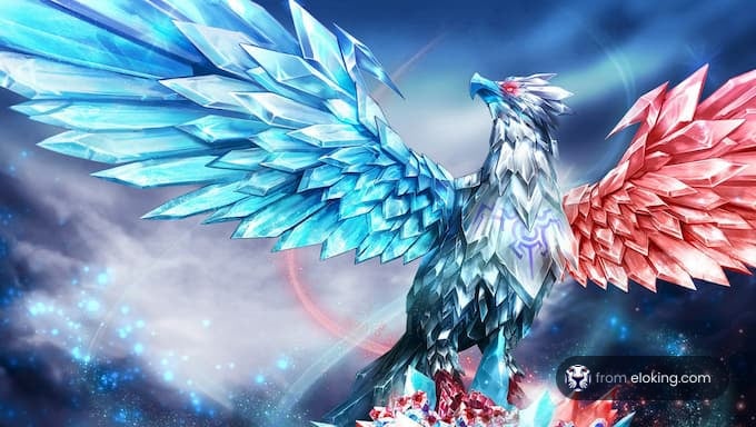 A mythical phoenix with blue and red crystal wings