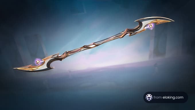 A mythical sword with intricate designs and magical orbs.