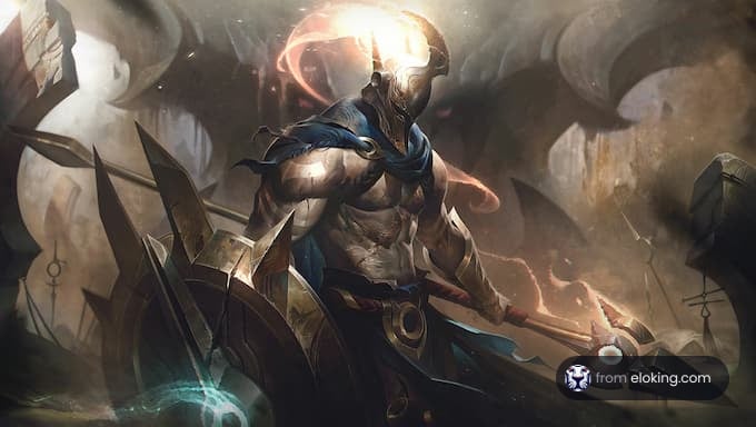 A mythical warrior battling demons