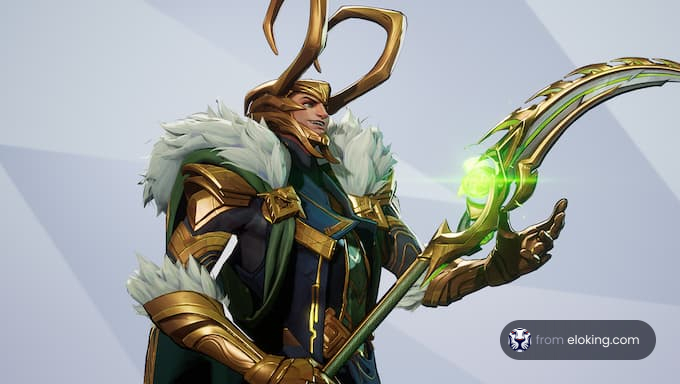 A mythical warrior character in elaborate armor wielding a green glowing weapon.