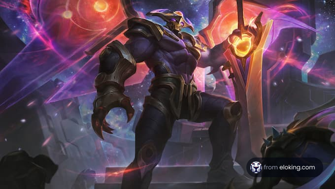 A powerful mythical warrior standing in a cosmic background