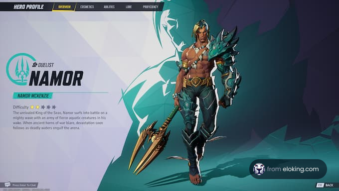 Namor, the Sea Duelist, in a heroic stance with a trident.