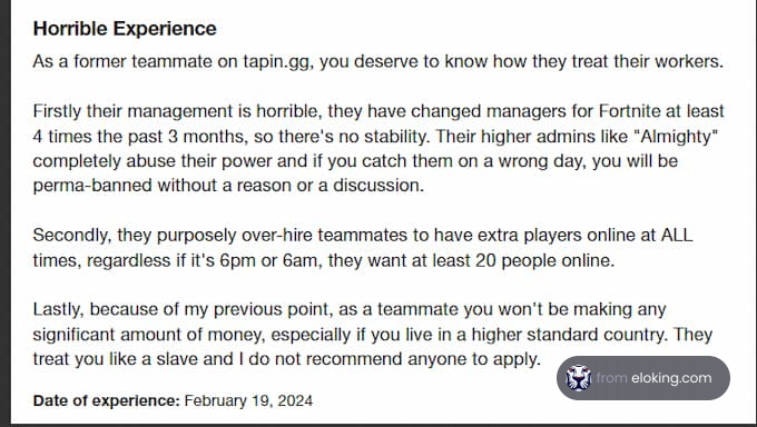 Screenshot of a negative review describing poor management and experience at tapin.gg