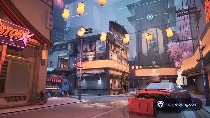 A vibrant street scene with neon lights and decorative lanterns in a futuristic city.