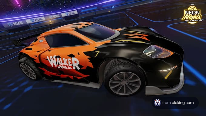 Vibrant racing car with Walker World livery on a neon-lit track