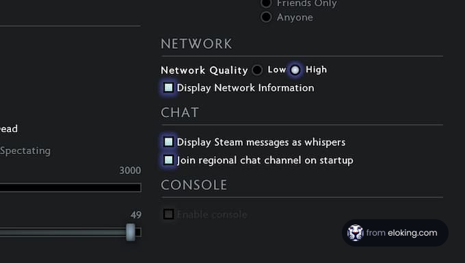 Network and chat console settings with quality options.
