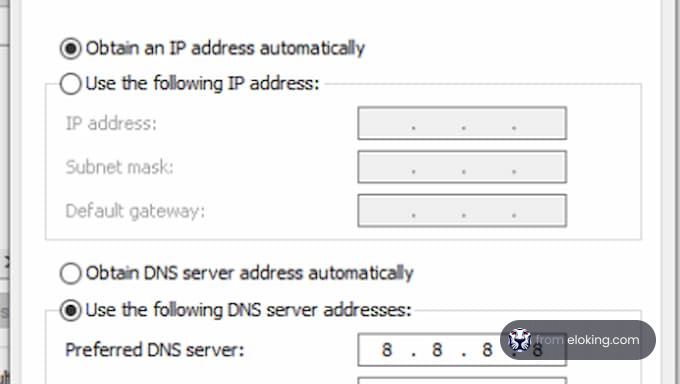 Screenshot showing network settings for IP and DNS configurations