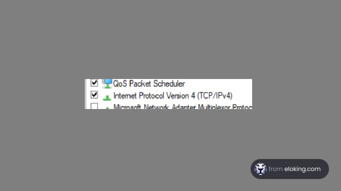 Screenshot of network settings showing QoS Packet Scheduler and IPv4 options